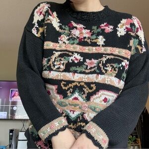 Vintage 90's Floral Patterned Grandma Sweater Embroidered Unique Patchwork